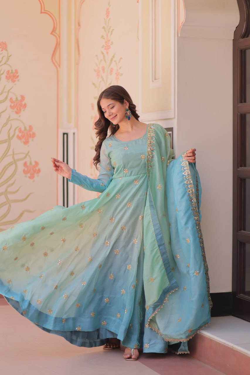 Sky blue organza flair sequins zari embroidery gown with dupatta