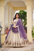 Amla Off-White Tissue Silk Sequins Thread Work Lehenga Choli with Purple Bandhej Dupatta