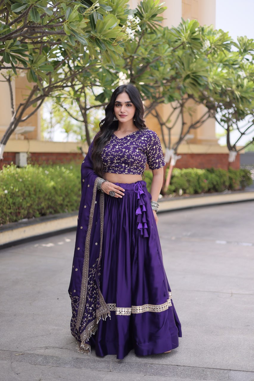Subhadra Purple Glory Satin Embroidery Zari Sequins Lehenga