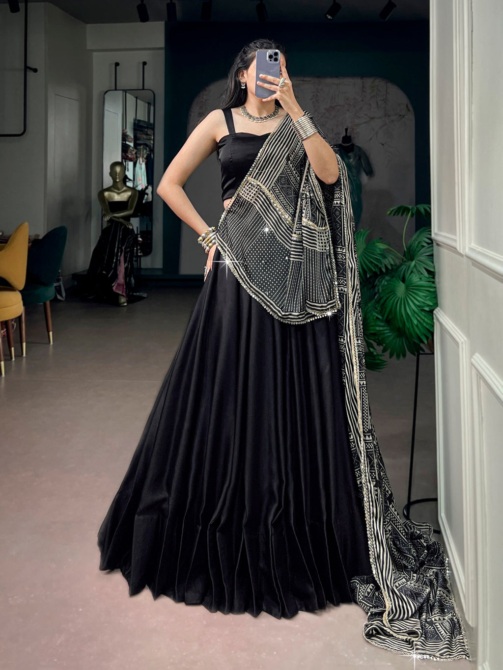 Oorja Black Moonga Silk Lehenga Choli