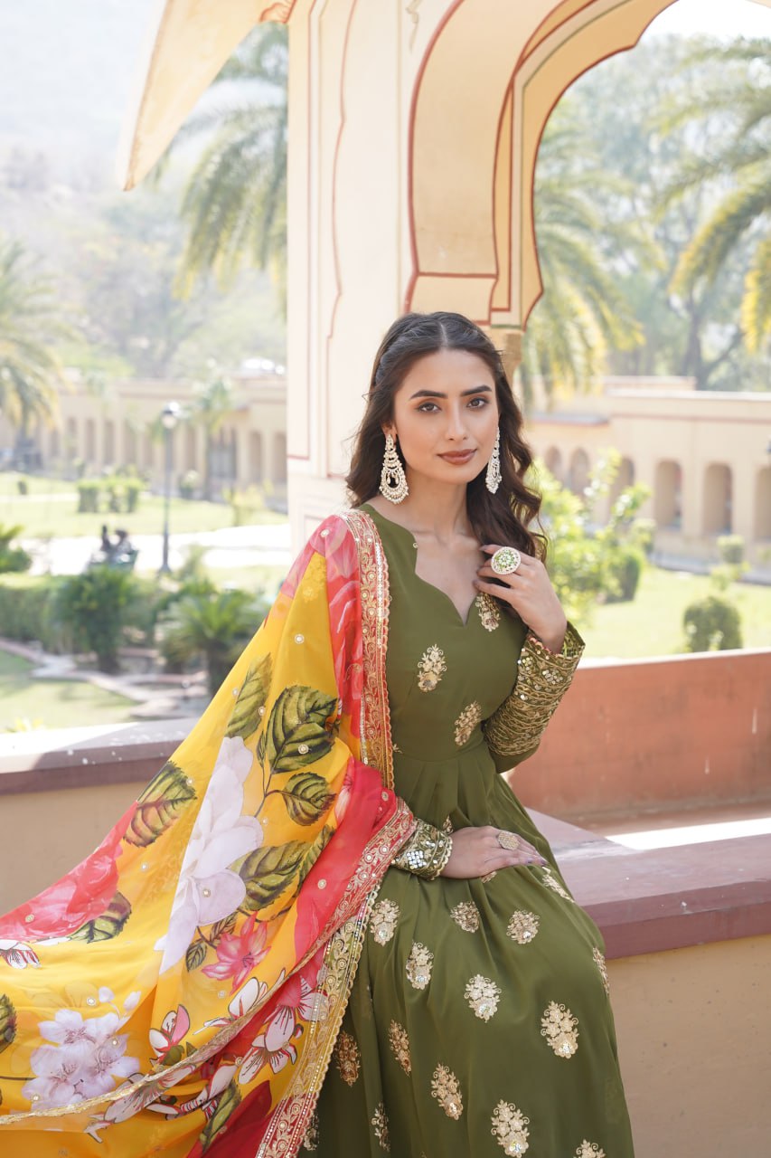 Padmini Georgette Green Embroidery Anarkali Gown Set