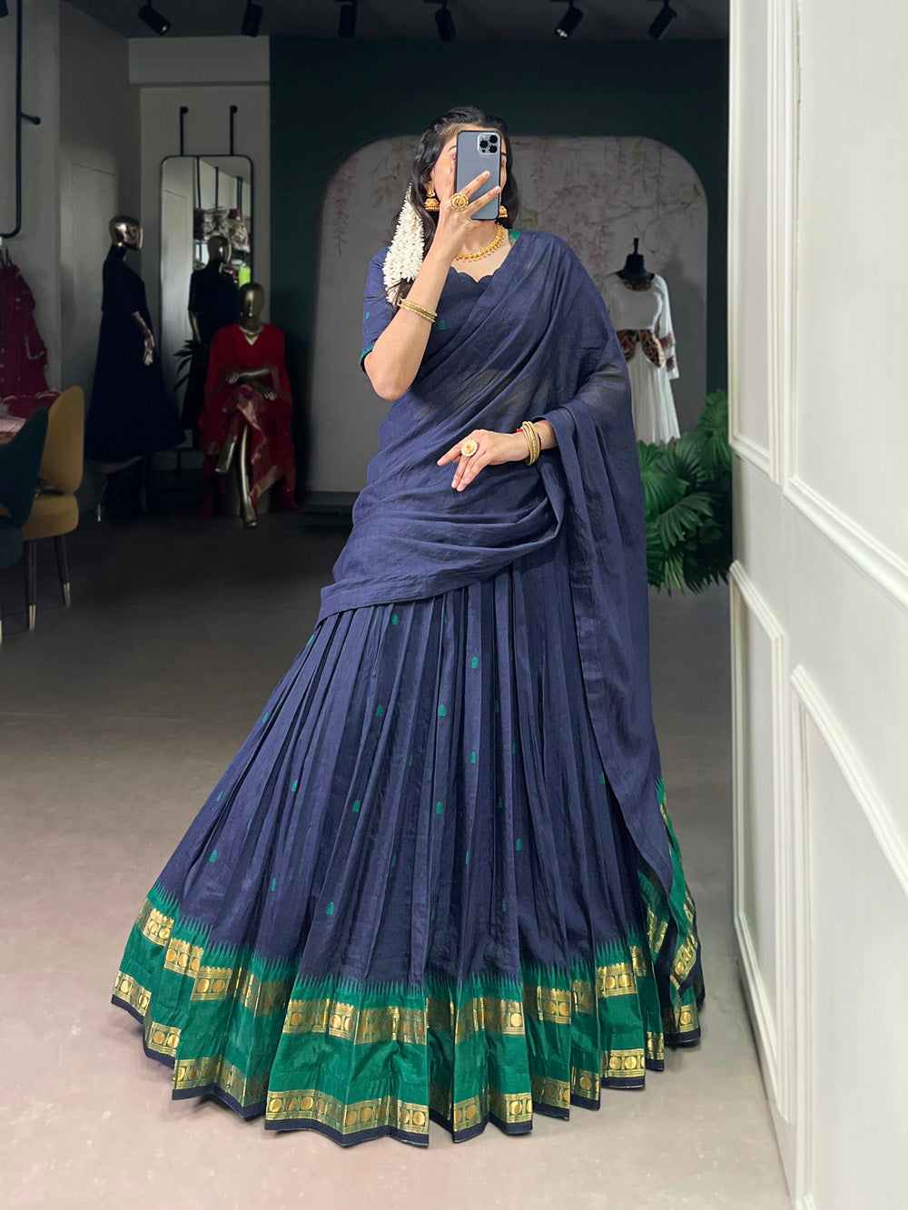 Navy Blue Chanderi Zari Weaving Work Half-Saree Lehenga