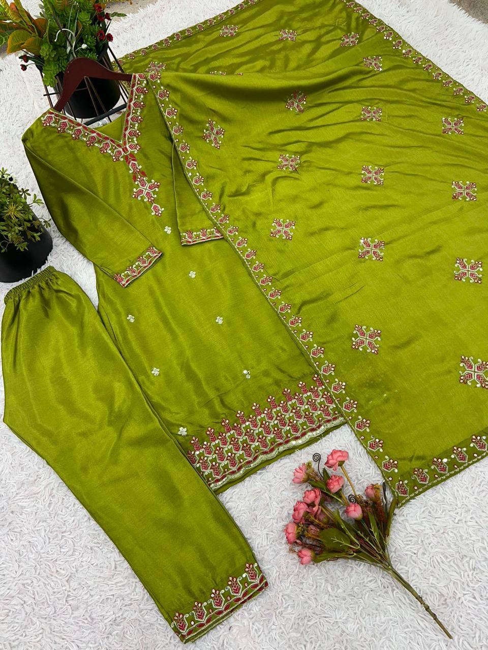 Anvitha Green Chinon Silk Kurti Set with 5mm sequin embroidery, lacework & dupatta – fully stitched festive wear for women.