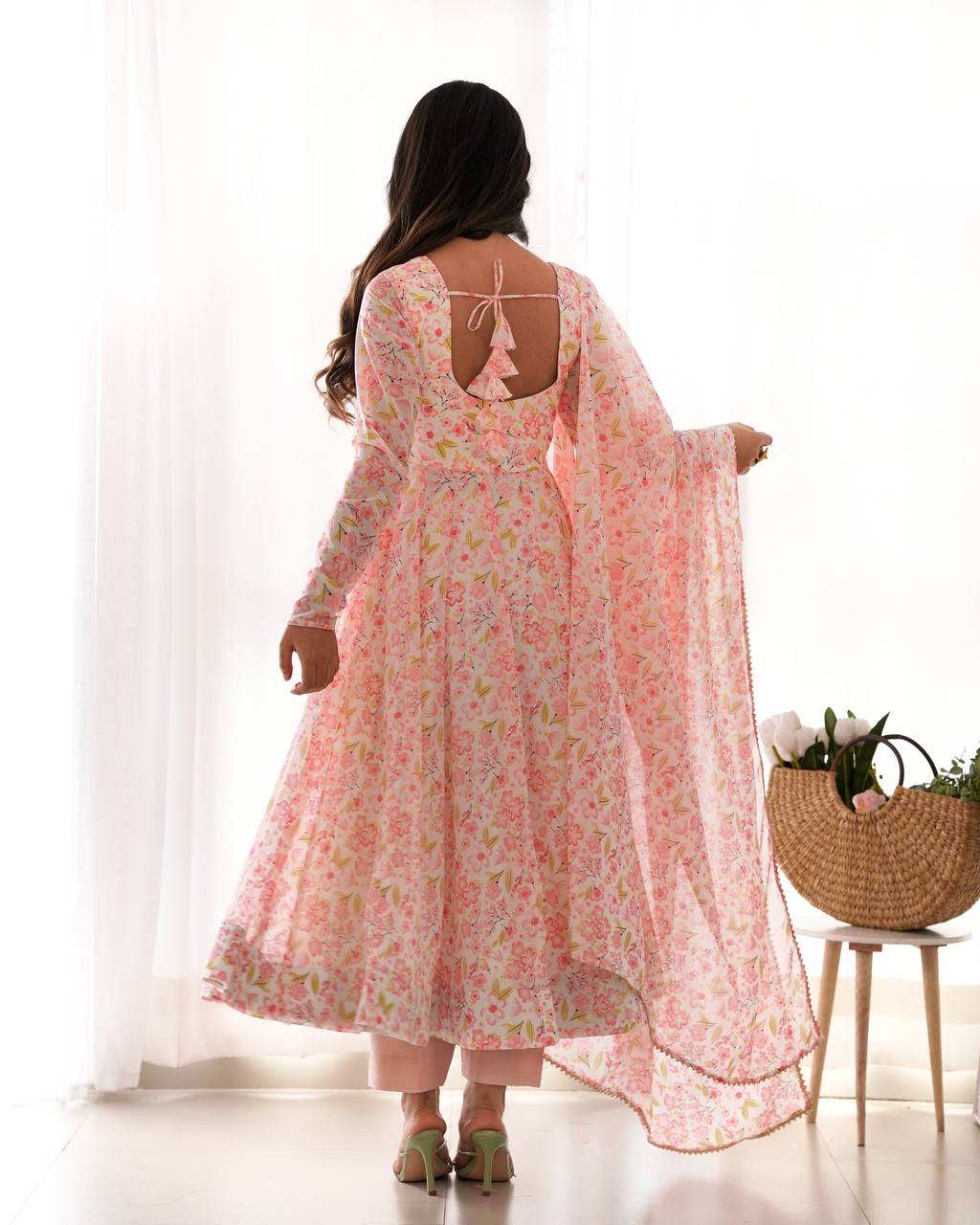 Pink Orange Chiffon Floral Print Anarkali Set with Dupatta