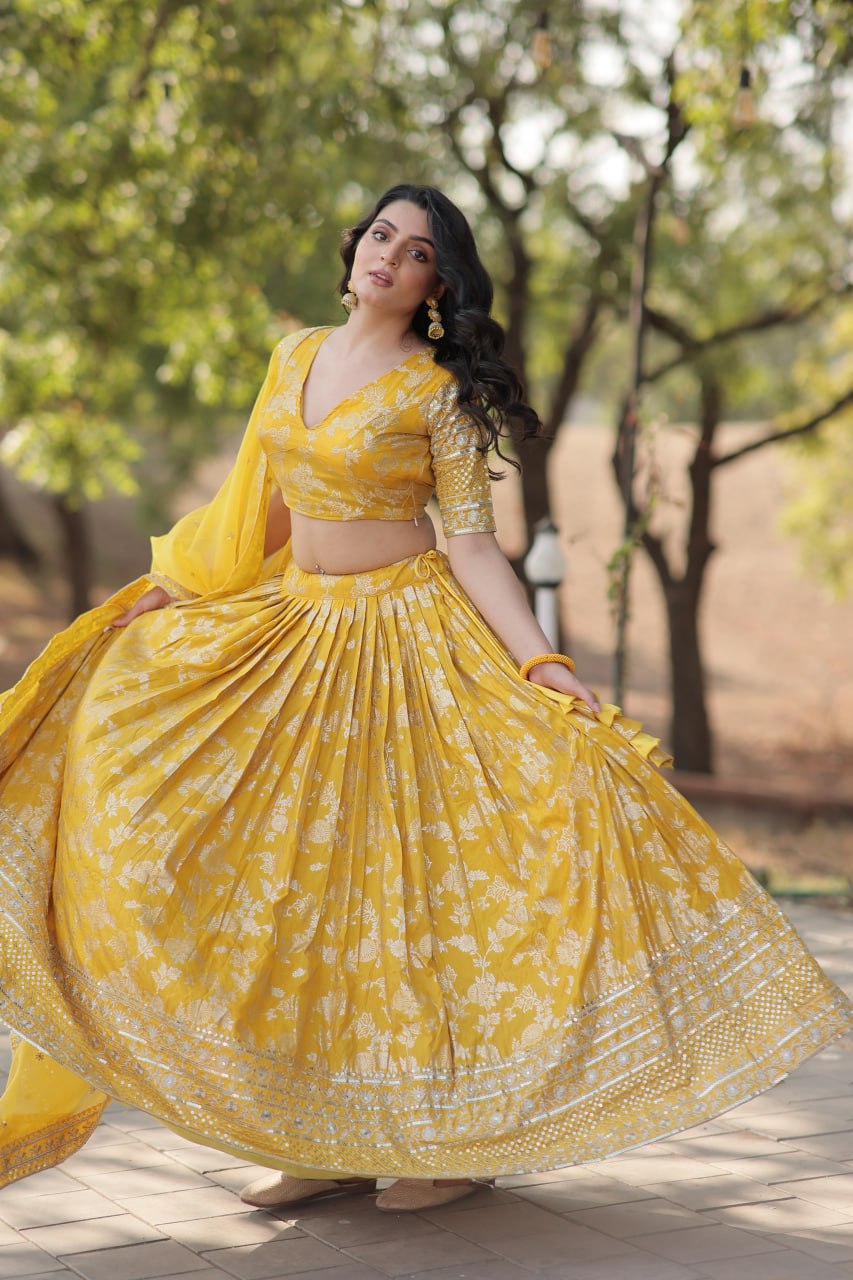 Pranshi yellow viscose jacquard lehenga choli set