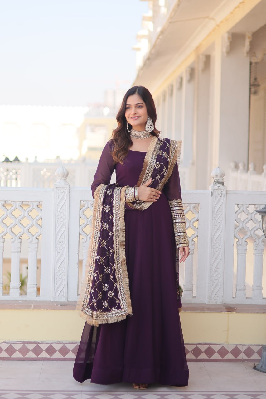 Lavish Purple Sequins Embroidered Anarkali Flared Kurti Set