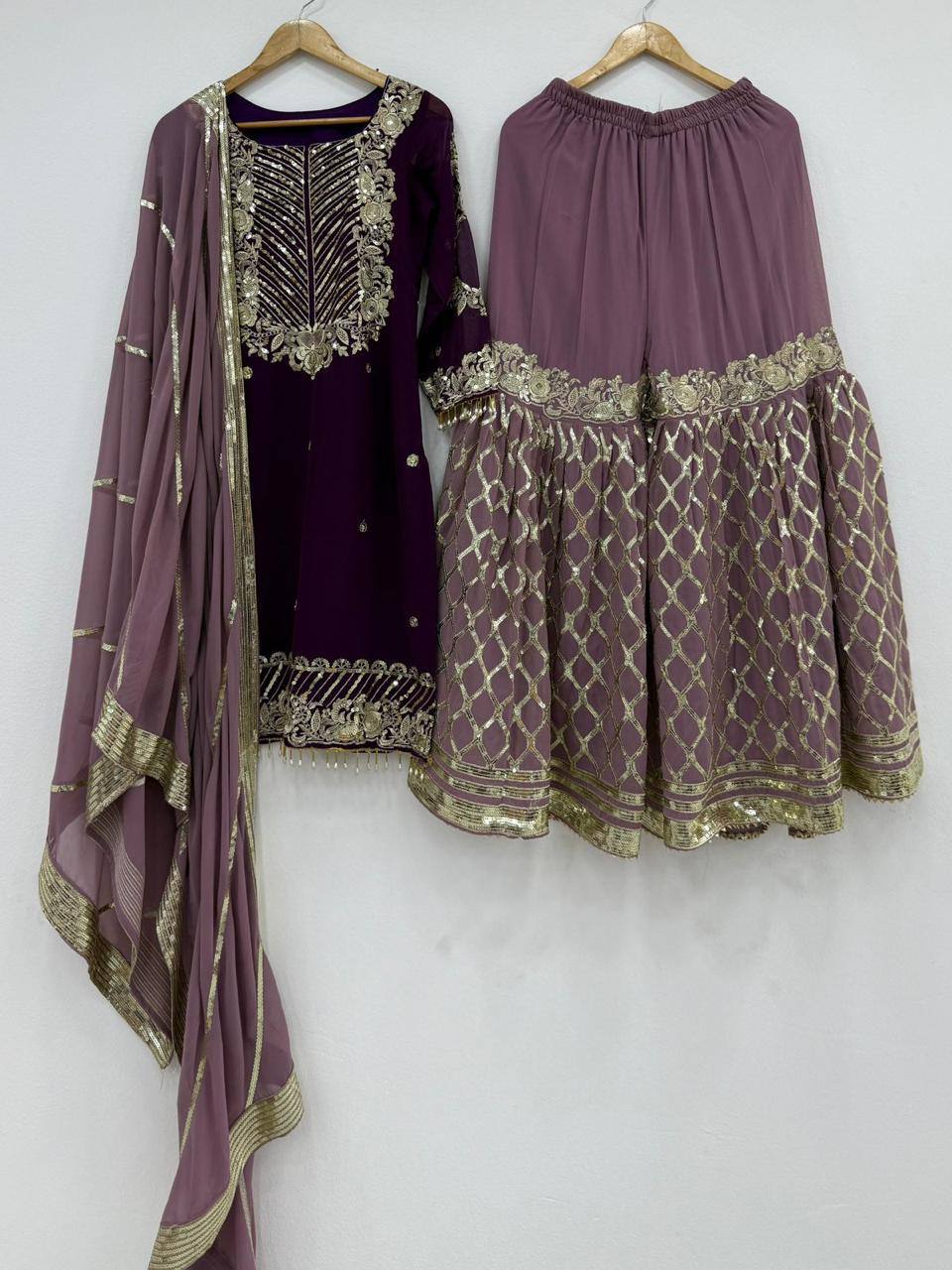 Purple fox georgette embroidered heavy sequence work kurti palazzo set