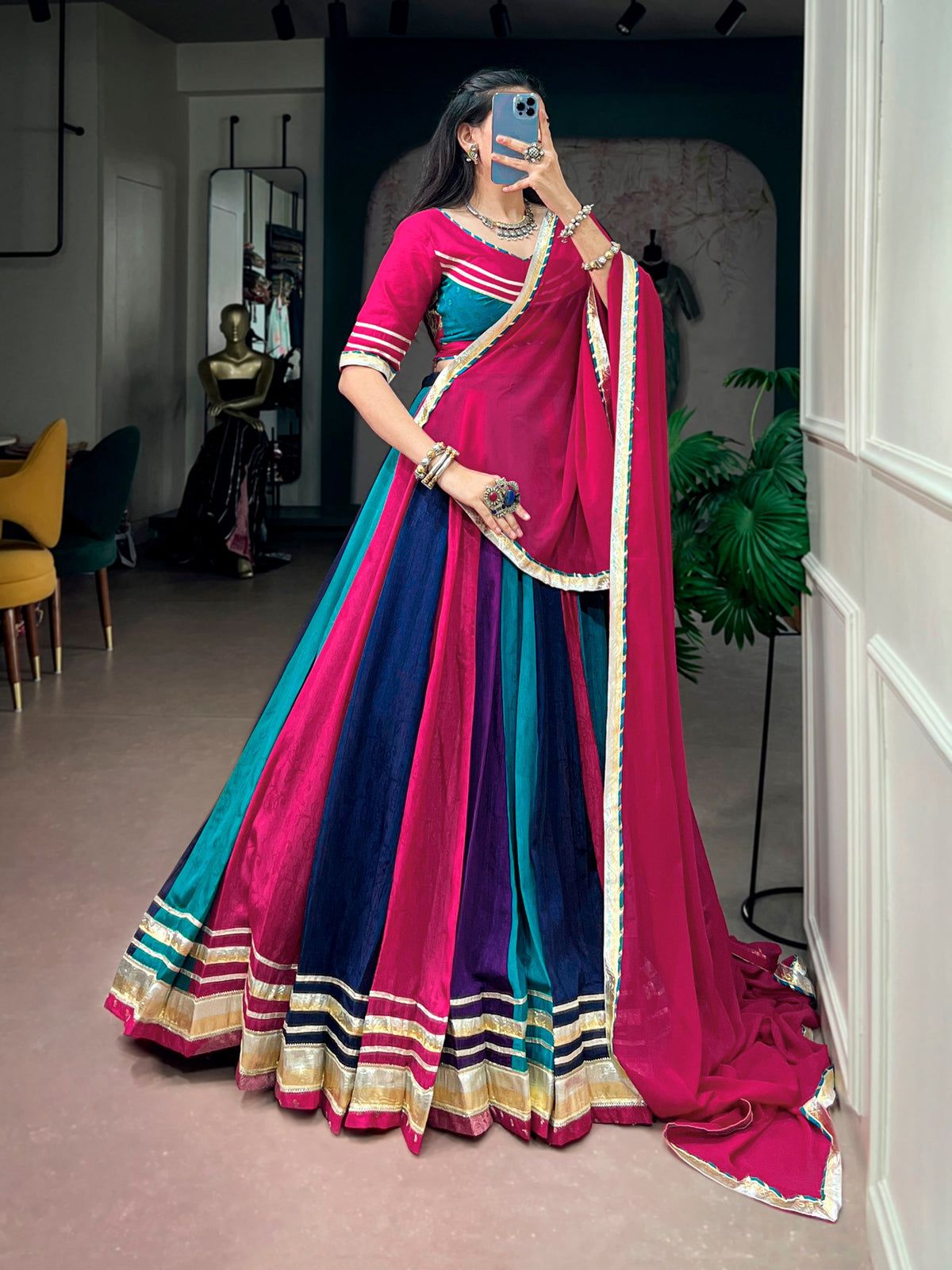 Naina Multicolor Chinon Embossed Lace Lehenga Choli