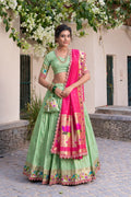 Pisa Green Jacquard Silk Paithani Lehenga Choli with Dupatta & Batwa
