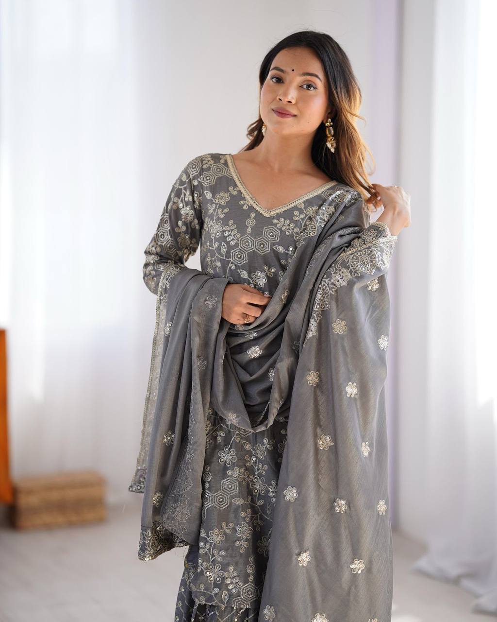 Agnija Grey Chinon Silk Sharara Set