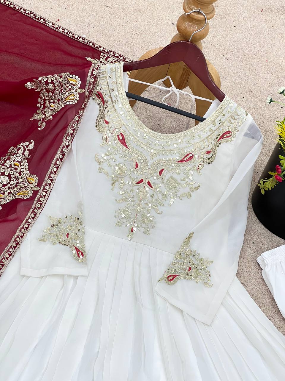 Tejvini White Georgette Embroidered Gown with Dupatta