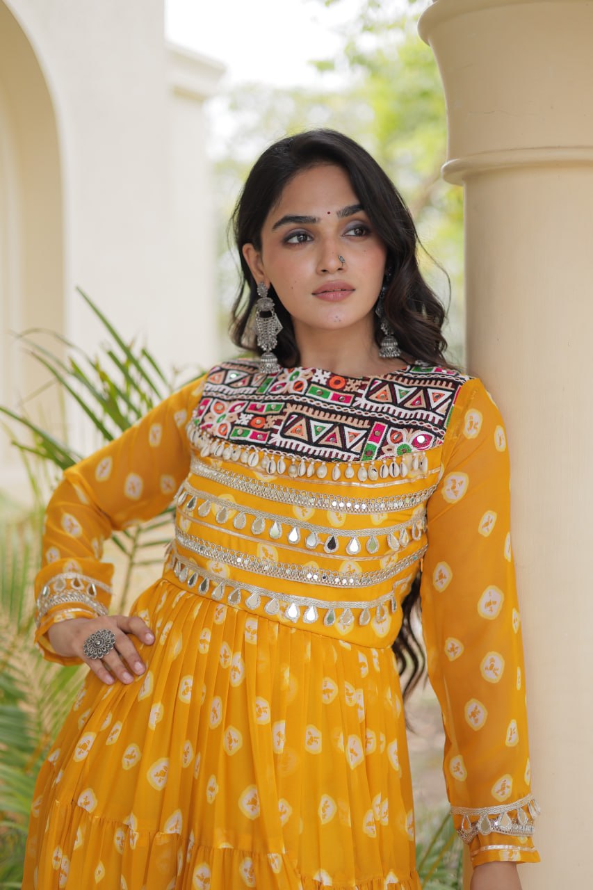 Lavanya Yellow Faux Georgette Bandhani Kutchi Patchwork Gown