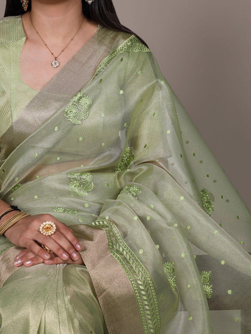 Pista Green Color Poly Shimmer Thread Embroidered Saree with Unstitched Blouse