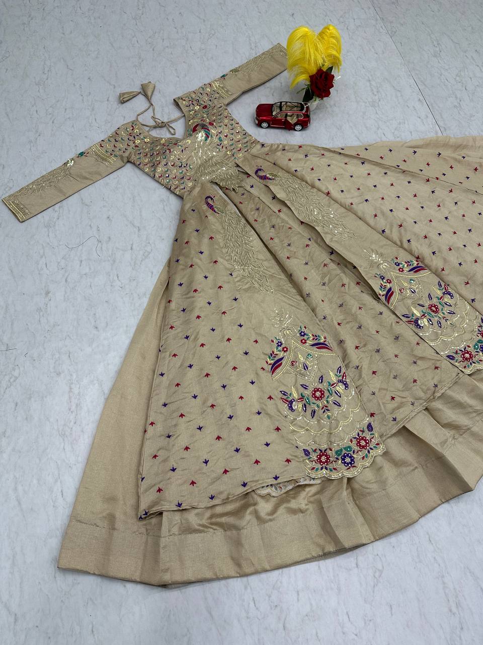 Mani Beige Color Vichitra Silk Crop Top Peacock Design Lehenga with Embroidered Shrug