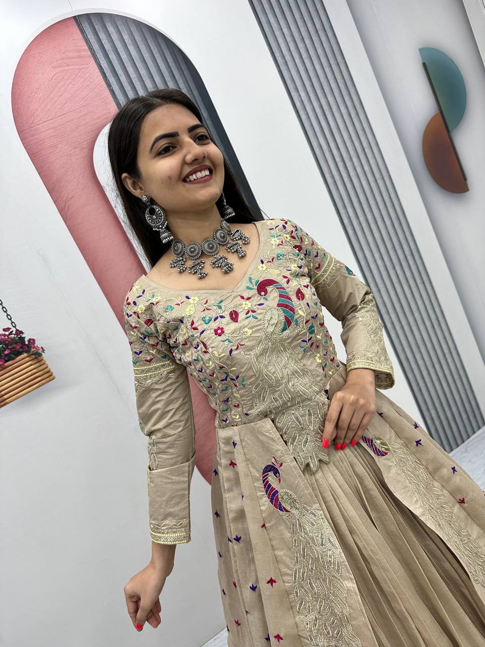 Mani Beige Color Vichitra Silk Crop Top Peacock Design Lehenga with Embroidered Shrug