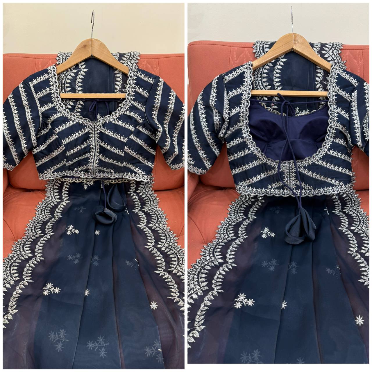 Vikatya blue Jimmy Choo fabric saree with thread & sequin embroidery, matching blouse—perfect for weddings, parties & festive occasions.