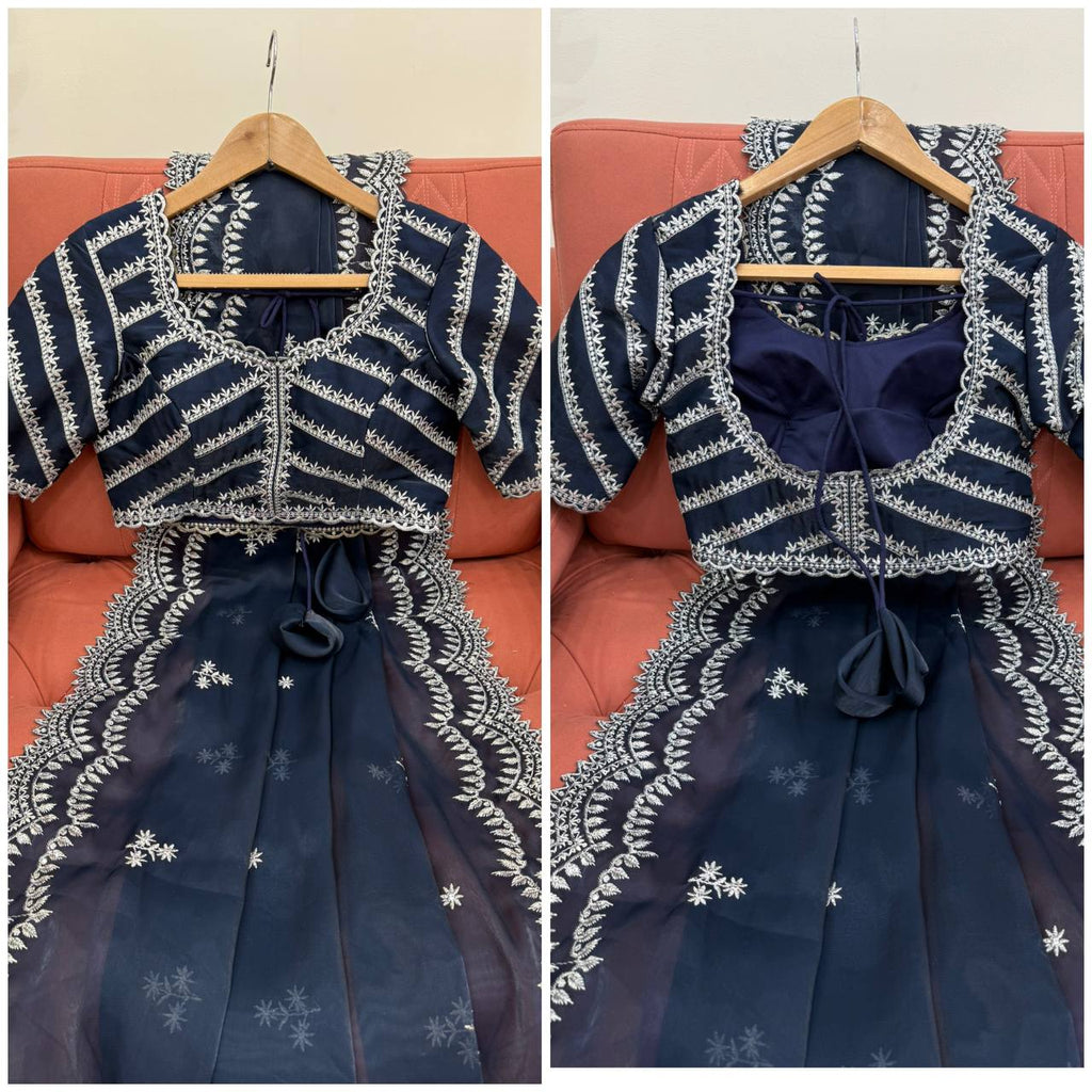 Vikatya blue Jimmy Choo fabric saree with thread & sequin embroidery, matching blouse—perfect for weddings, parties & festive occasions.