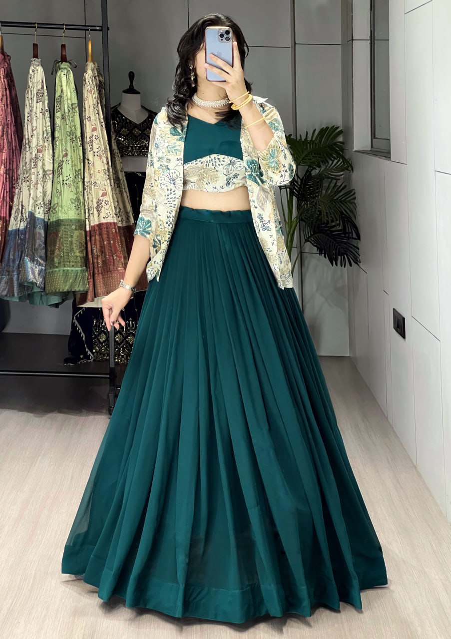 Alka Teal Green Color Georgette Foil Printed Lehenga Choli with Koti