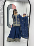 Enya Blue Color Chinon Embroidery Thread Sequence Work Kurti Palazzo Set