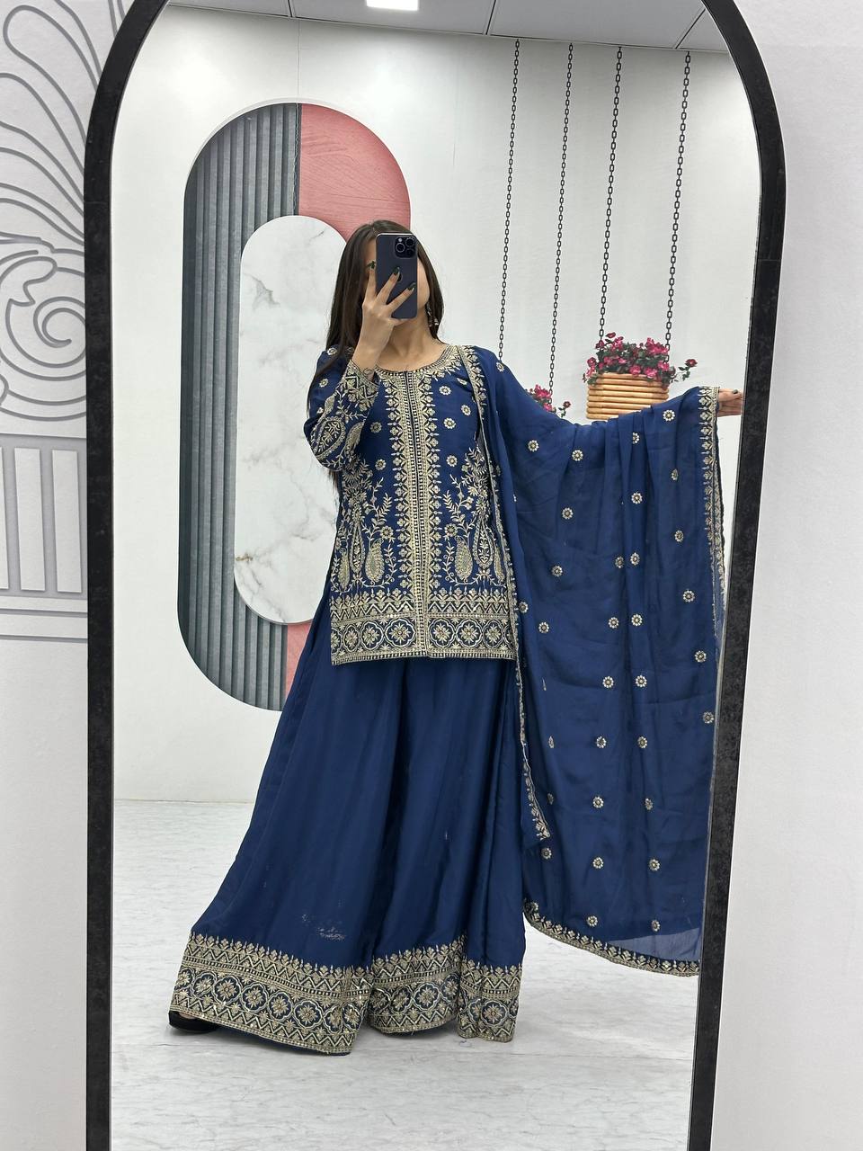 Enya Blue Color Chinon Embroidery Thread Sequence Work Kurti Palazzo Set