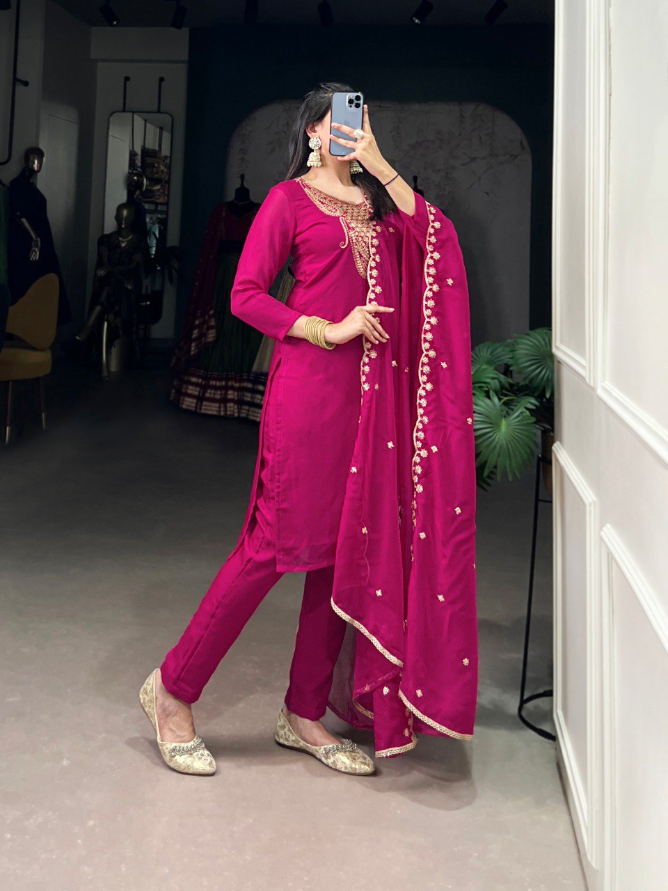 Pink Organza Sequins & Thread Work Embroidered Kurti Set with Dupatta