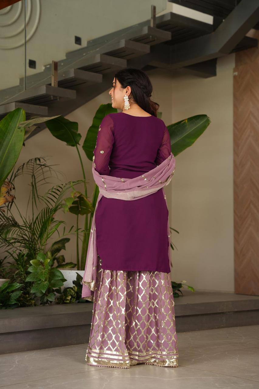 Purple fox georgette embroidered heavy sequence work kurti palazzo set