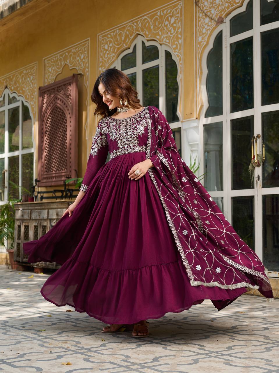 Piya Wine Color Vichitra Silk Sequins Embroidered Gown with Dupatta