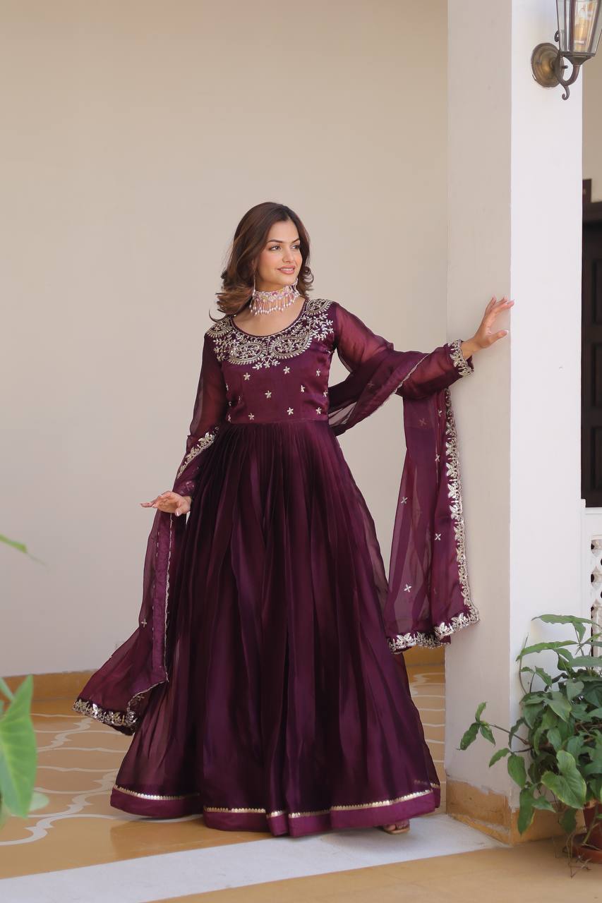 Siddhika Pure Burberry Silk Embroidered Gown Set