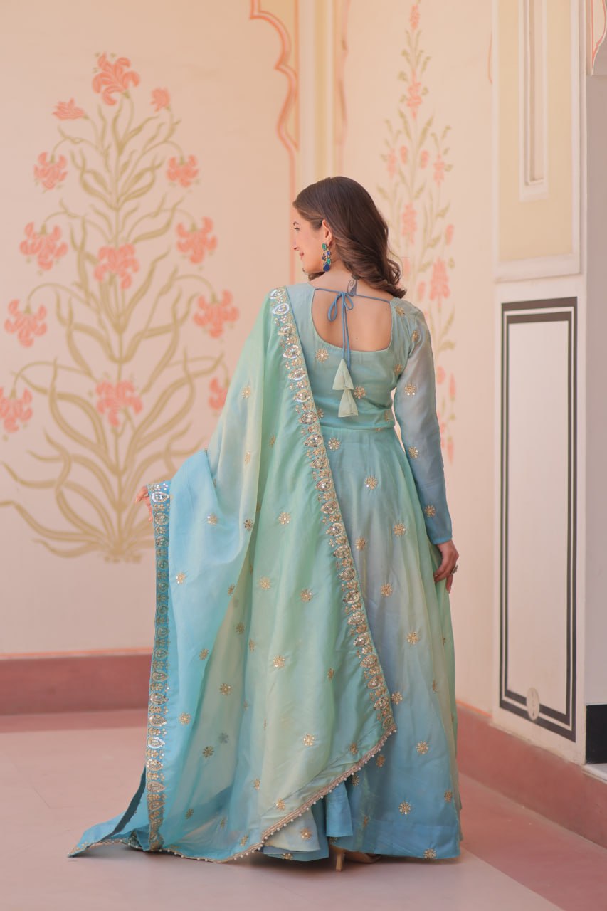 Sky blue organza flair sequins zari embroidery gown with dupatta