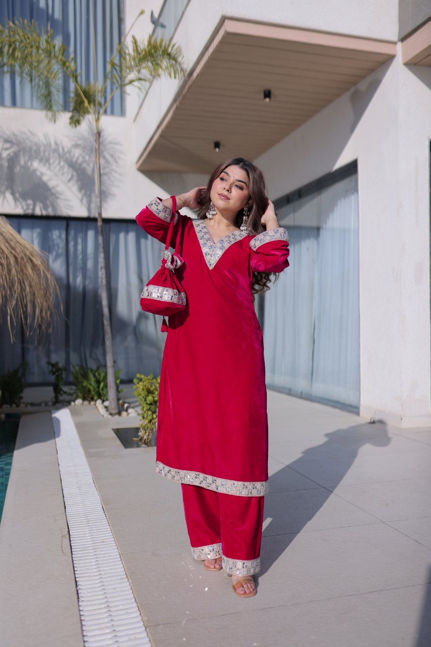 Elvya Rani Pink Velvet Zari Embroidered Mirror Work Kurti Set