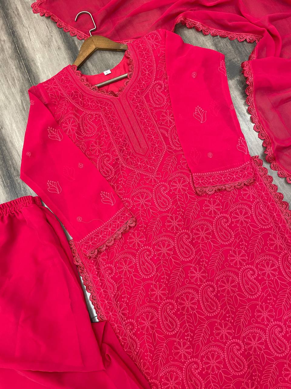 Ramani Peach Georgette Chikankari Embroidery Kurti Set