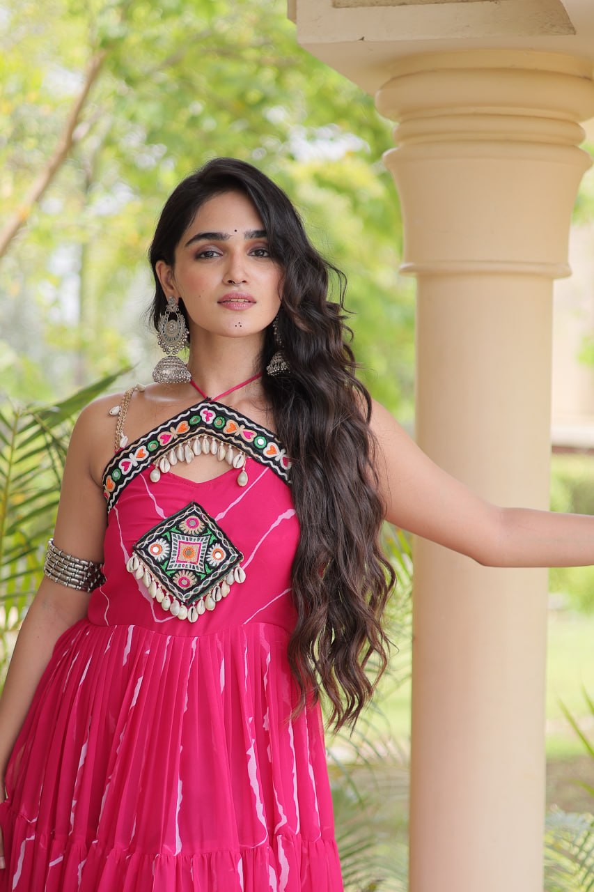 Bhavna Pink Faux Georgette Laheriya Kutchi Patchework Gown