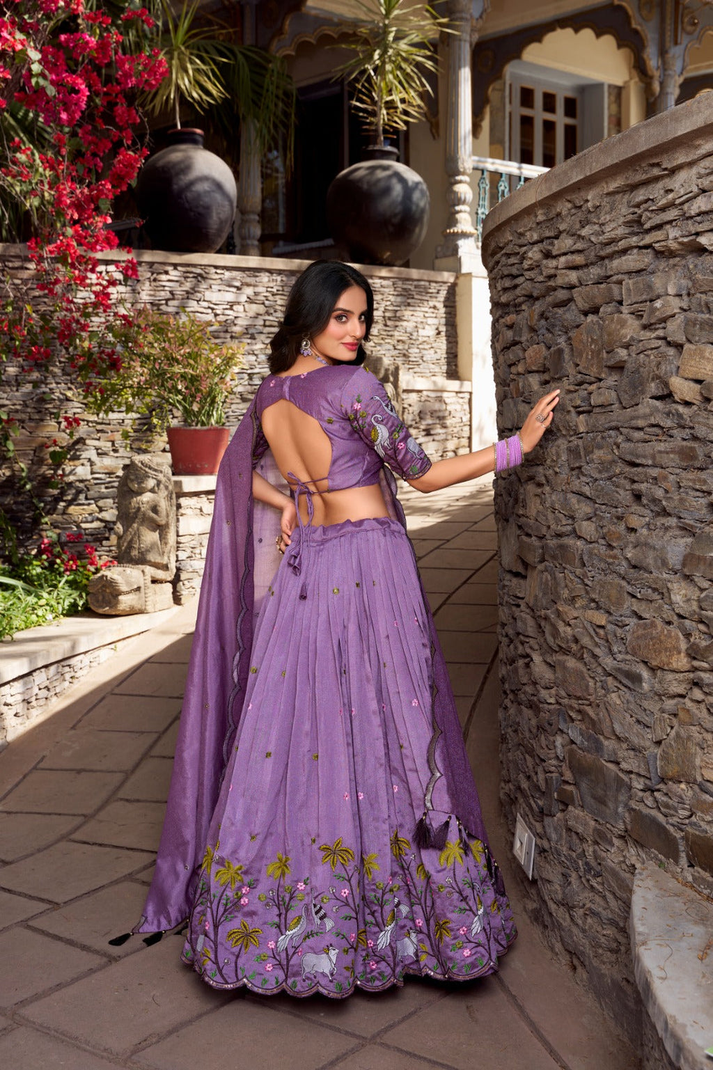 Lavender Vichitra shimmer sequins thread embroidery work lehenga choli