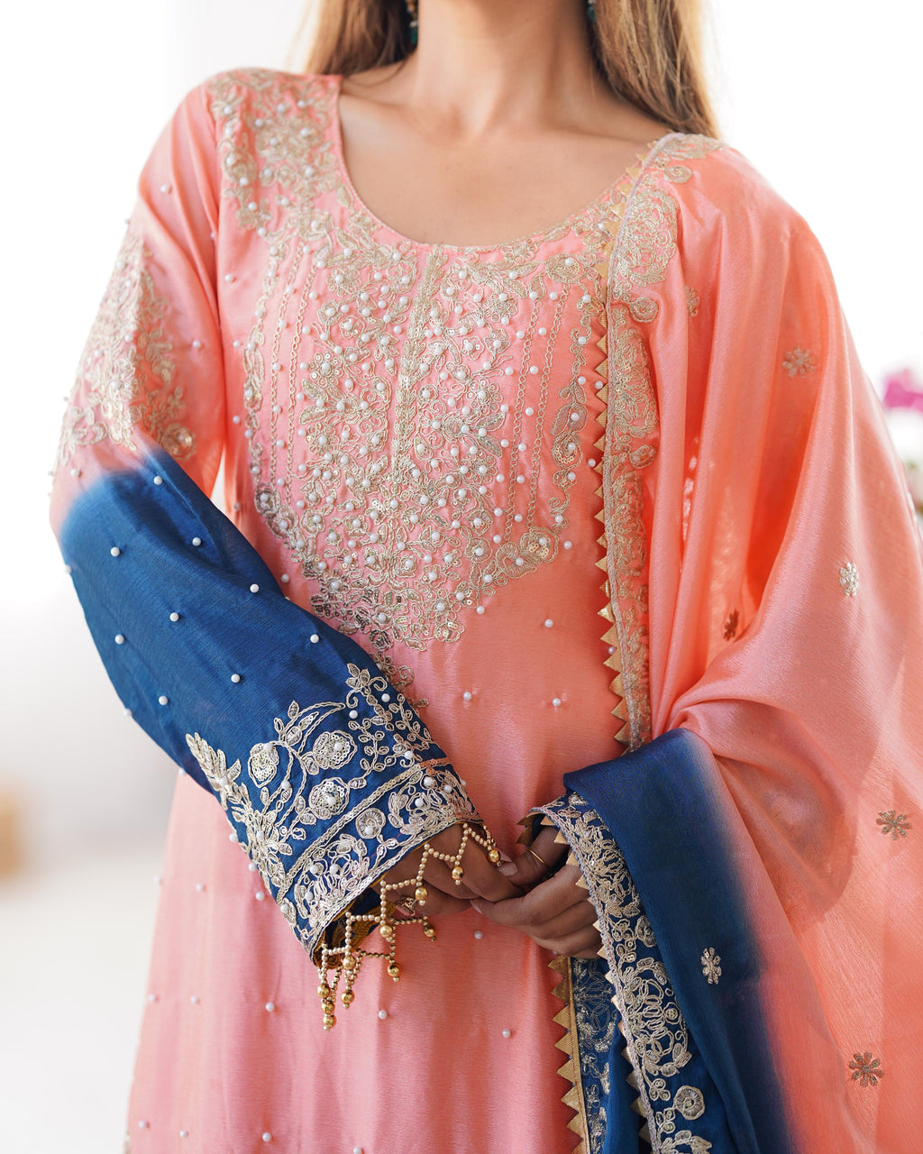 Manvisha Peach Embroidered Sharara Suit Set