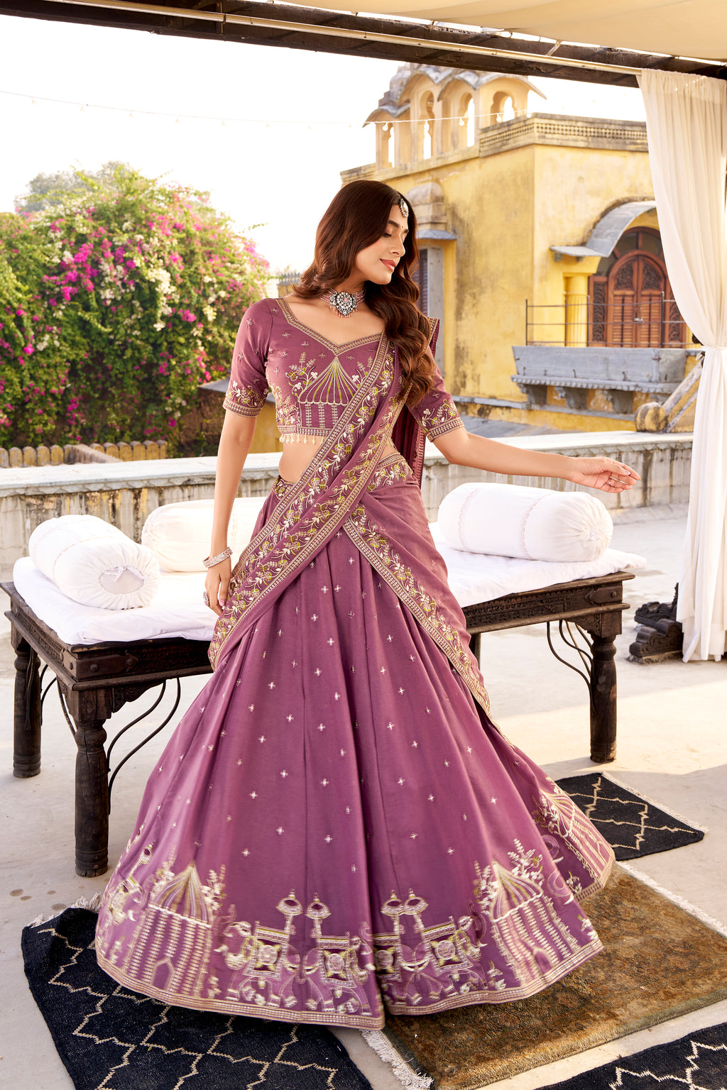 Zarakh Lavender Color Crush Silk Sequins and Thread Embroidery Work Lehenga Choli