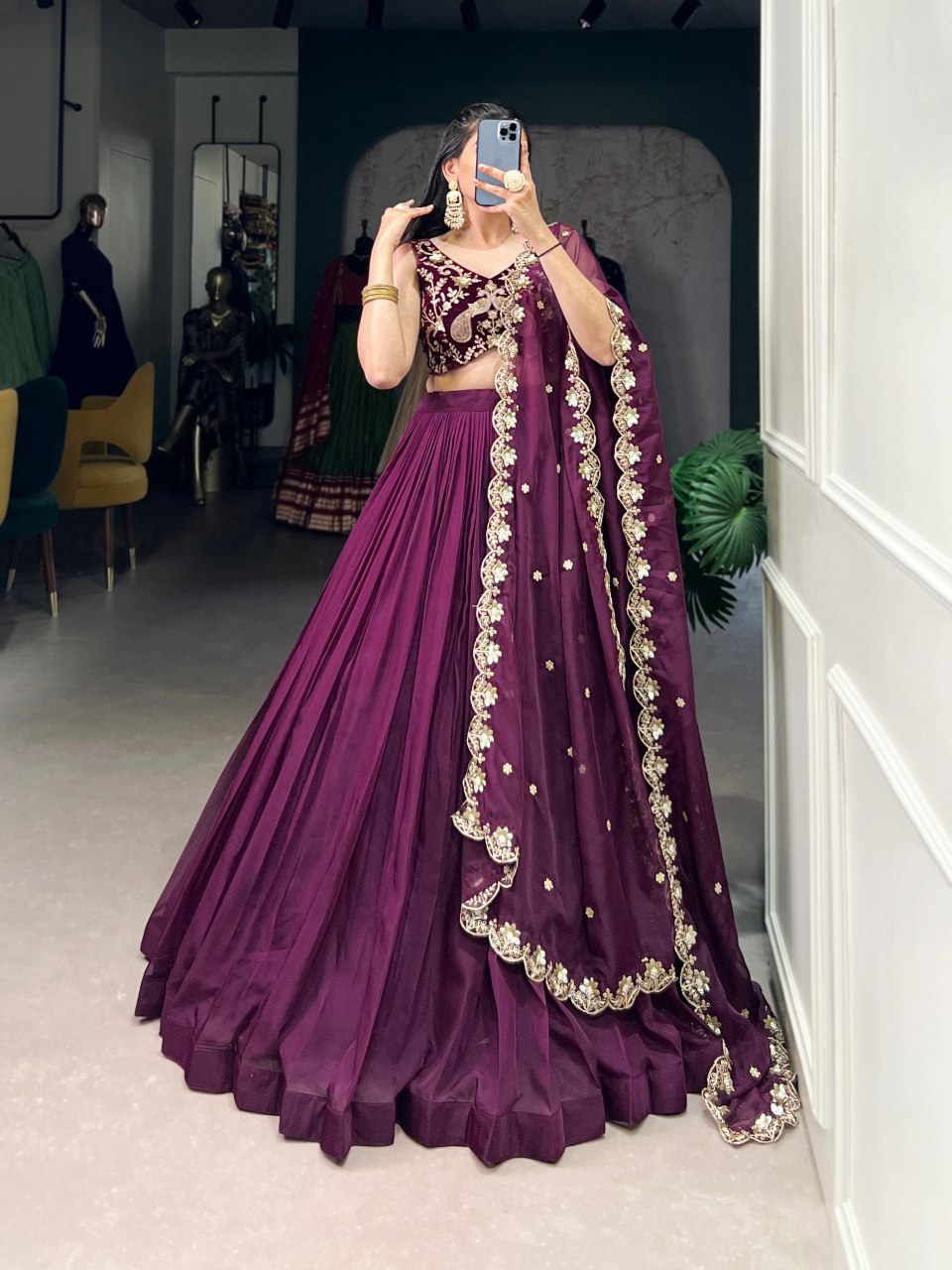 Purple organza silk lehenga with velvet embroidered blouse and dupatta
