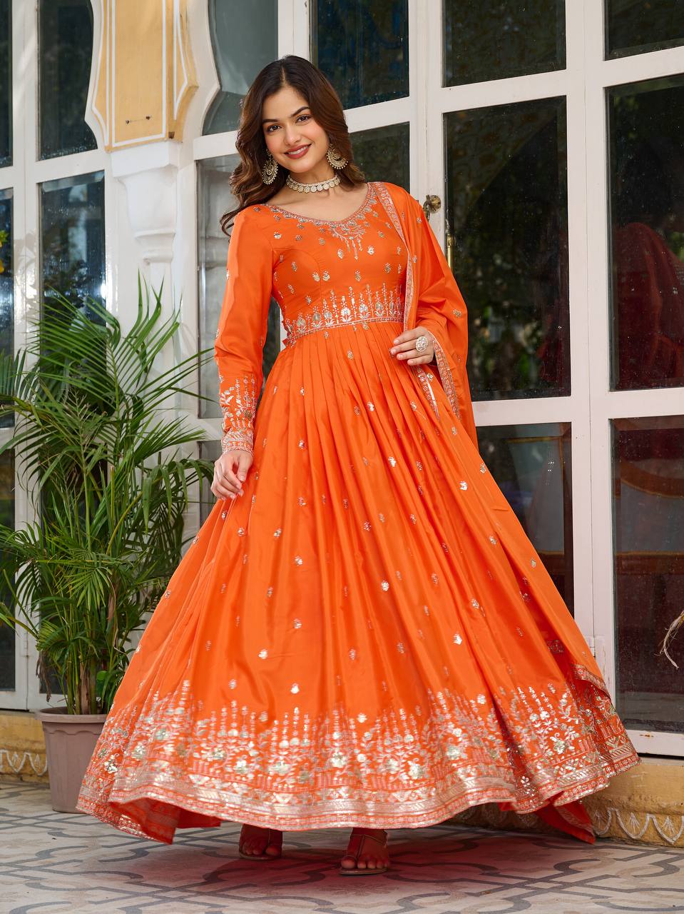 Meghnita Anarkali suit in American Silk with thread & sequin embroidery, padded gown, stitched pant & dupatta—perfect for weddings & festive wear.