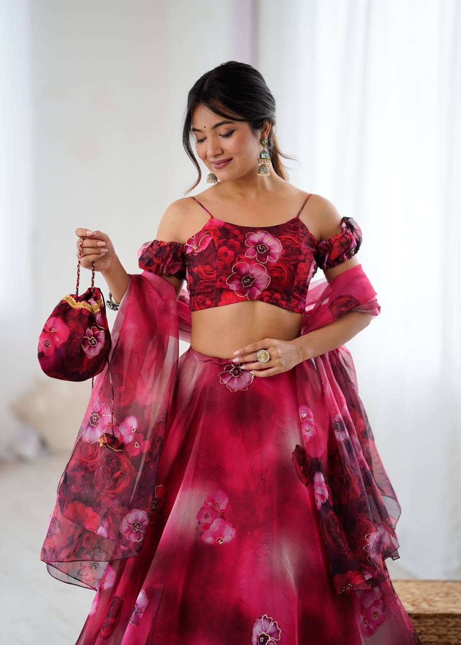 Red pure organza digital print zari work lehenga choli with batwa bag