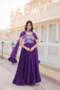 Shanta chinon purple printed anarkali gown set