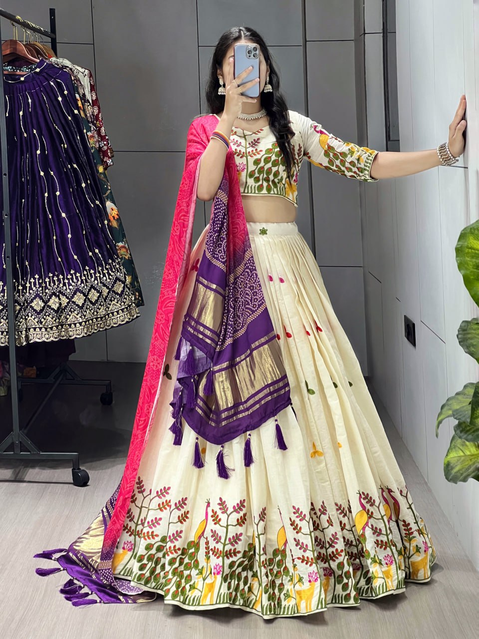 Off-White Cotton Embroidered Lehenga with Purple Color Gaji Silk Dupatta