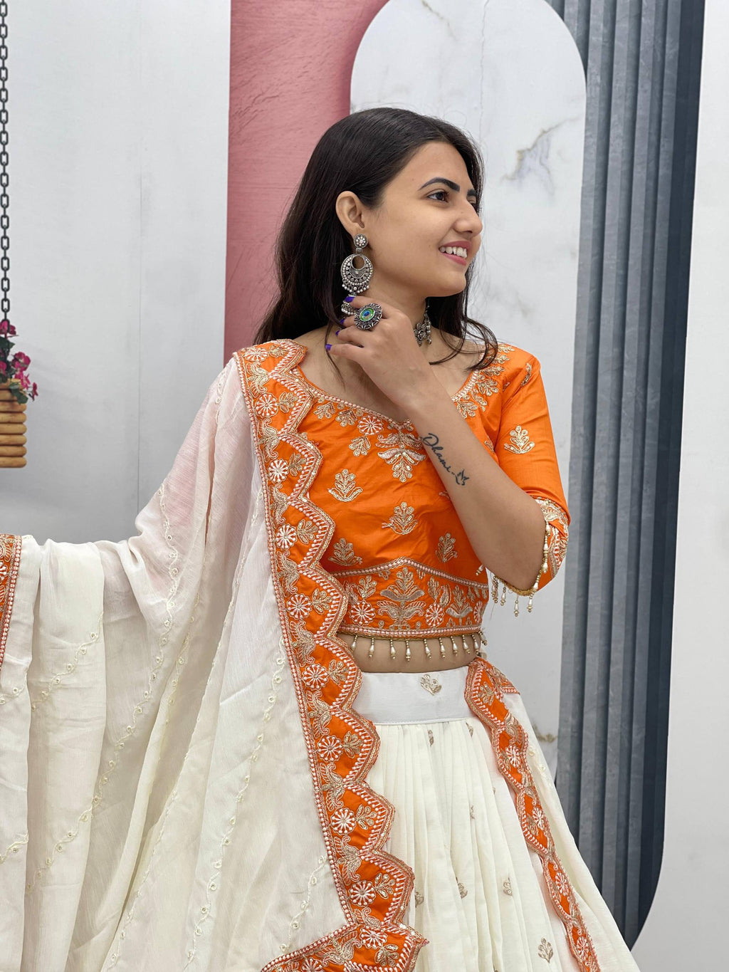 Orange chinon heavy embroidery lehenga choli with dupatta