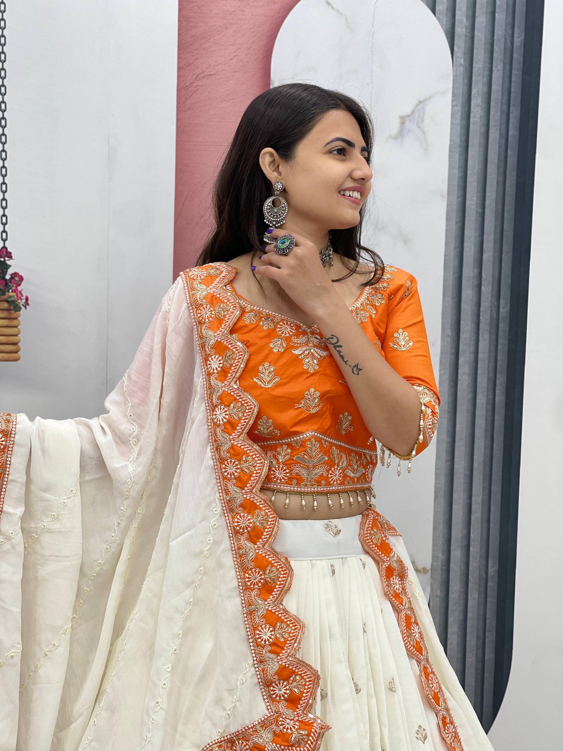 Orange chinon heavy embroidery lehenga choli with dupatta