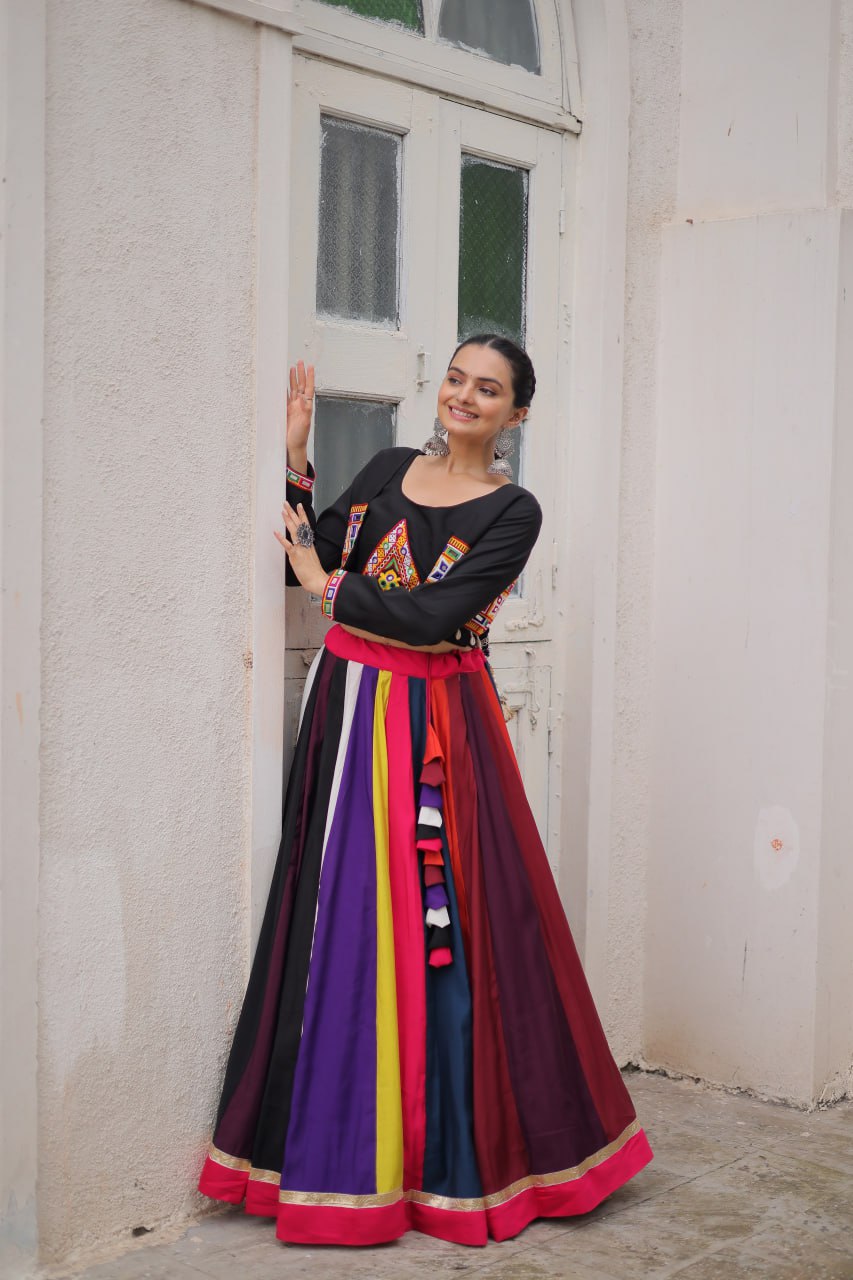 Multicolor Pure Rayon Navratri Lehenga Choli with Koti Style Blouse