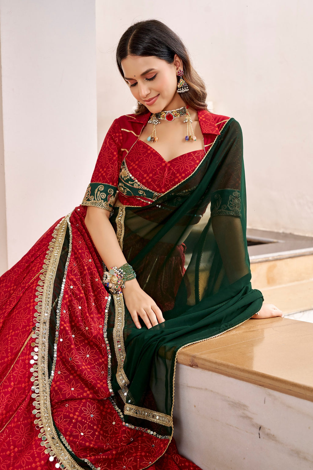 Komal Red Georgette Bandhej Foil Print Lehenga Choli