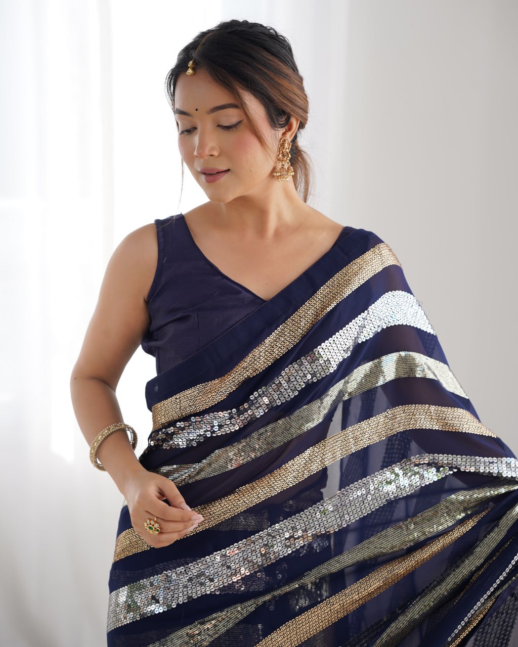 Kira Deep Blue Sequin Embroidery Georgette Saree