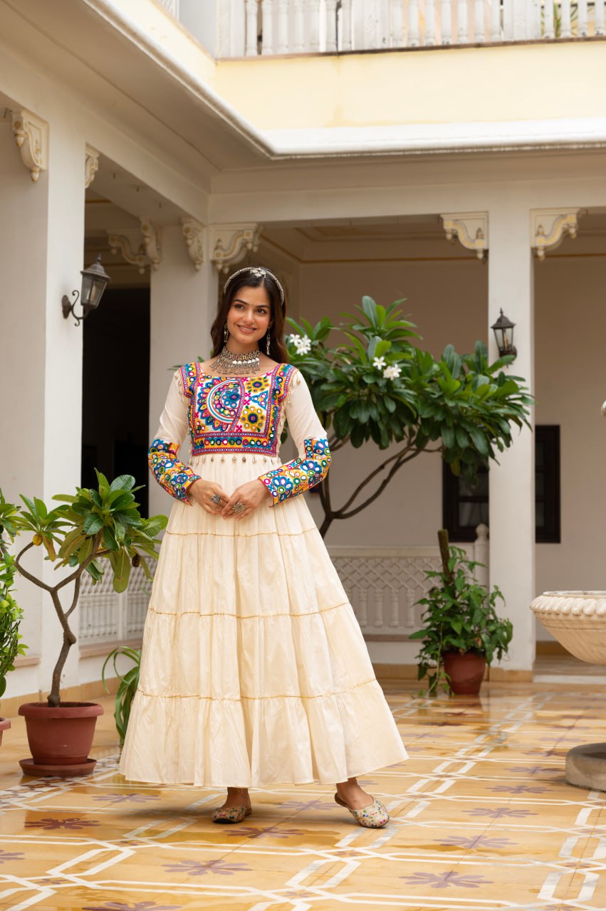 Off-White Kora Cotton Kutchi Gamthi Mirror Work and Kodi Lace Gown