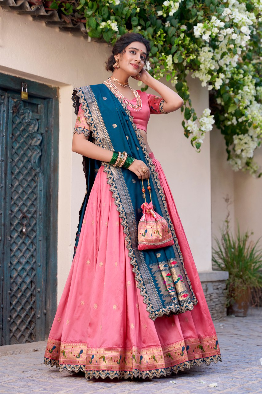 Onion Pink Jacquard Silk Paithani Lehenga Choli with Dupatta & Batwa