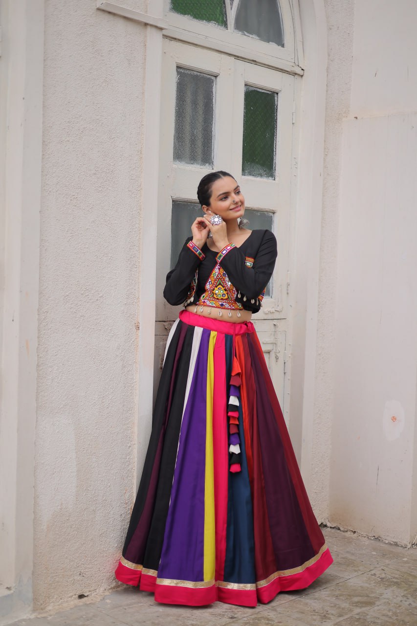 Multicolor Pure Rayon Navratri Lehenga Choli with Koti Style Blouse