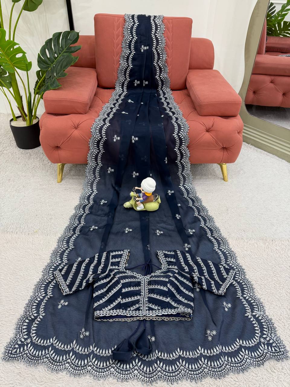 Vikatya blue Jimmy Choo fabric saree with thread & sequin embroidery, matching blouse—perfect for weddings, parties & festive occasions.