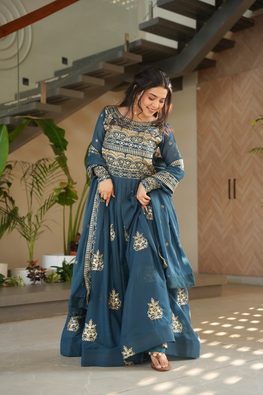Teal Blue Chinnon Embroidered Gown with Sequins Work and Dupatta